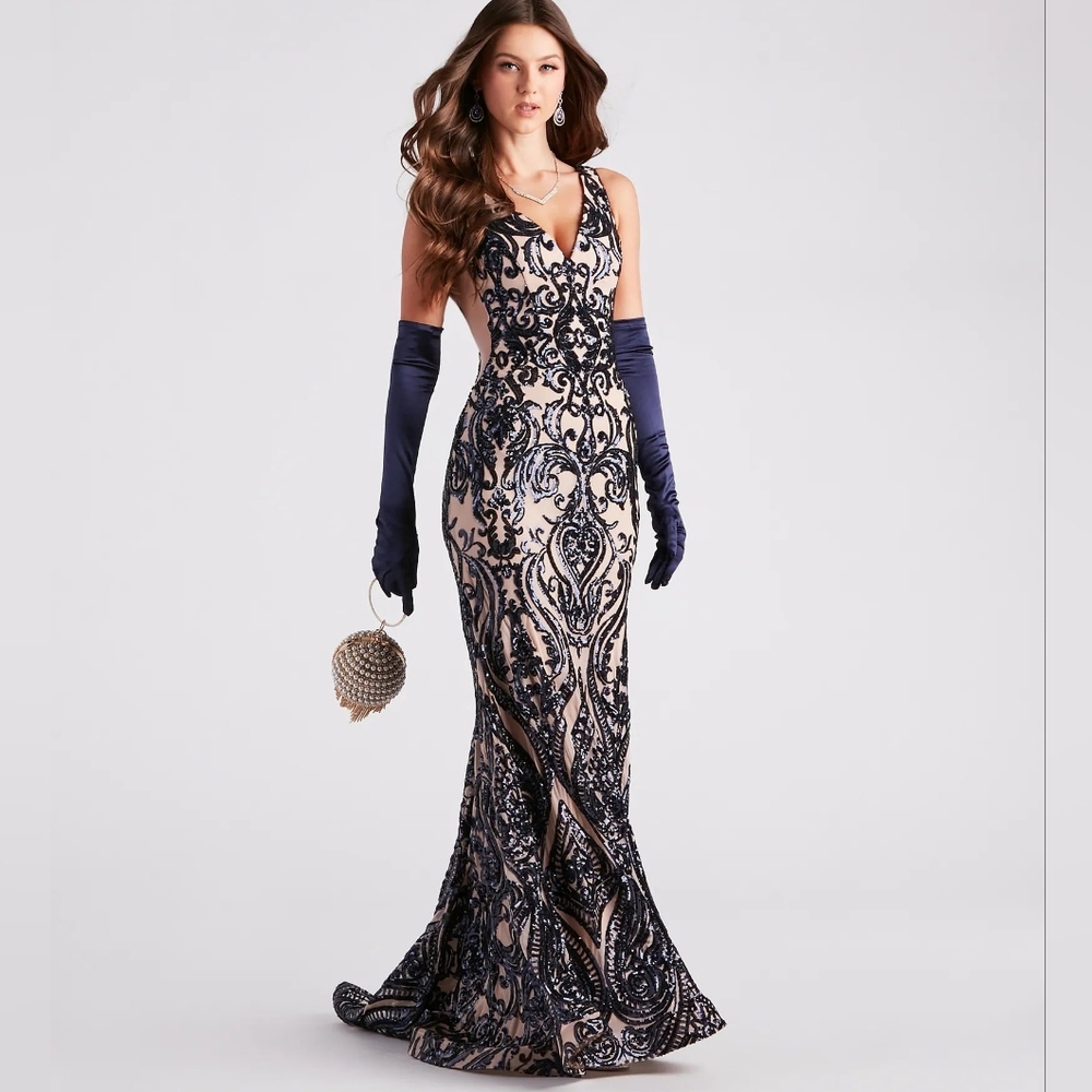 Windsor Navy Sequin Evening Gown